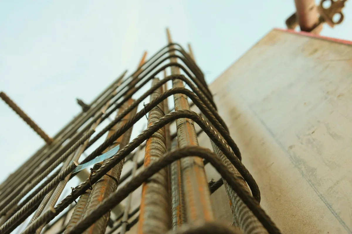 Steel reinforcement details at a building site.